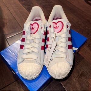 New hard to find Adidas Valentines Day Superstars White and Red Heart Sneakers